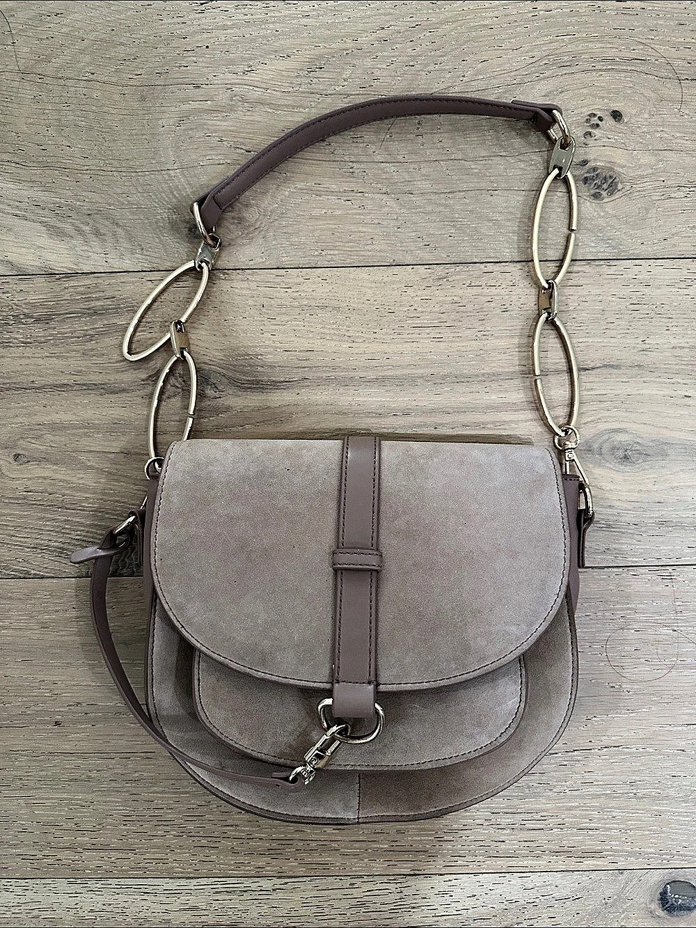 Taupe Suede Shoulder Bag comes with extra crossbody strap